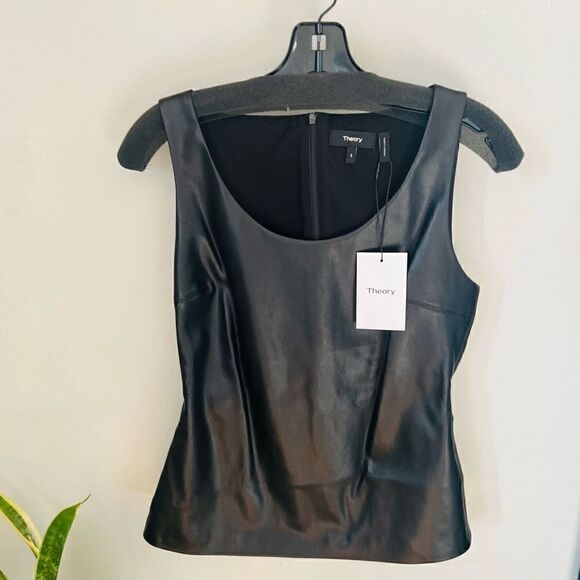 THEORY Scoop Neck Faux Leather Tank Top, Black, Small, (4/6), Designer, NWT - Picture 2 of 16